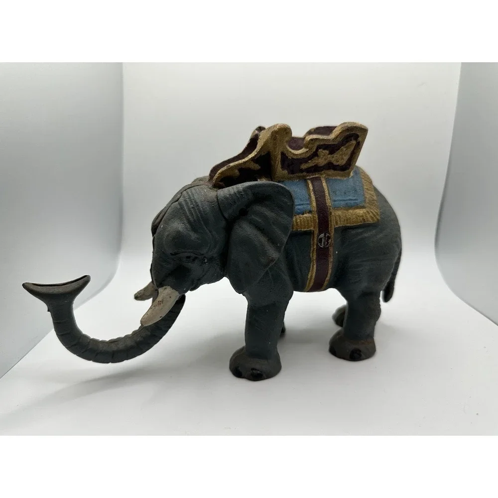 Vintage Cast Iron Hand Painted Gray Elephant Mechanical Coin Bank - Picture 1 of 12